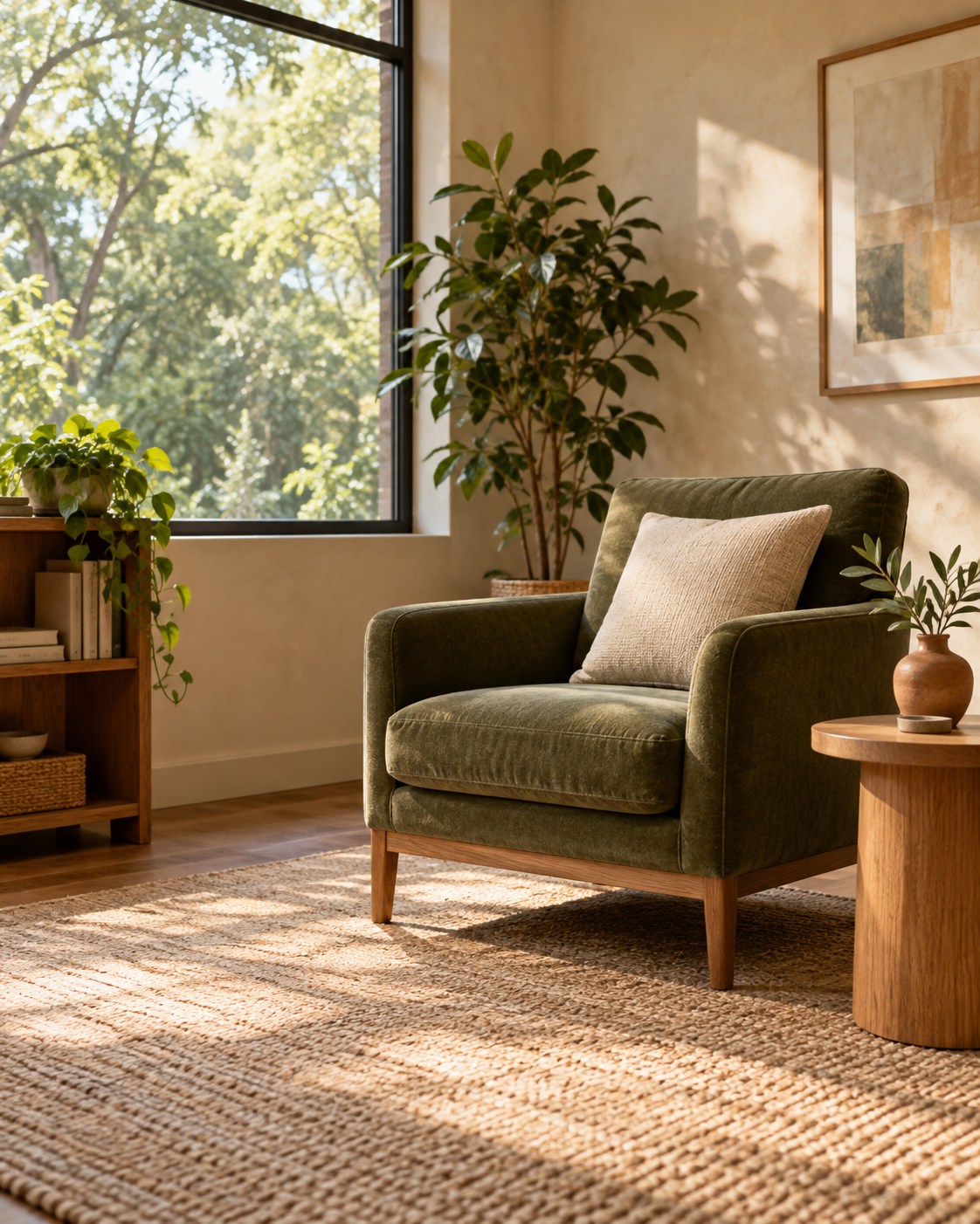A sunlit consultation room with an olive armchair, natural wood, and warm afternoon light.